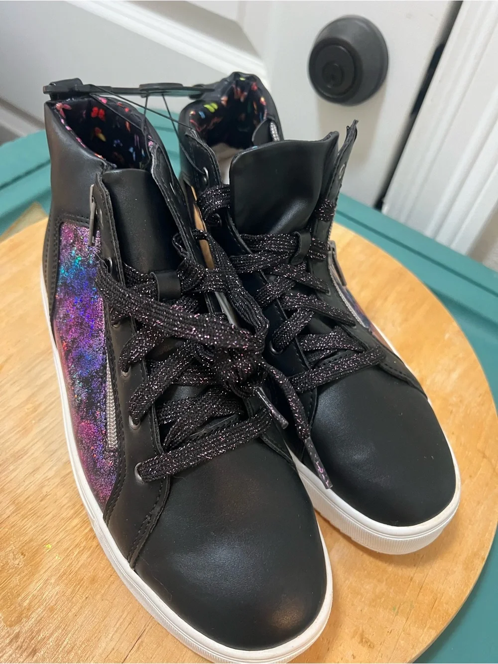Kids Black Glitter Lace-Up Sneakers with Colorful Butterfly Print